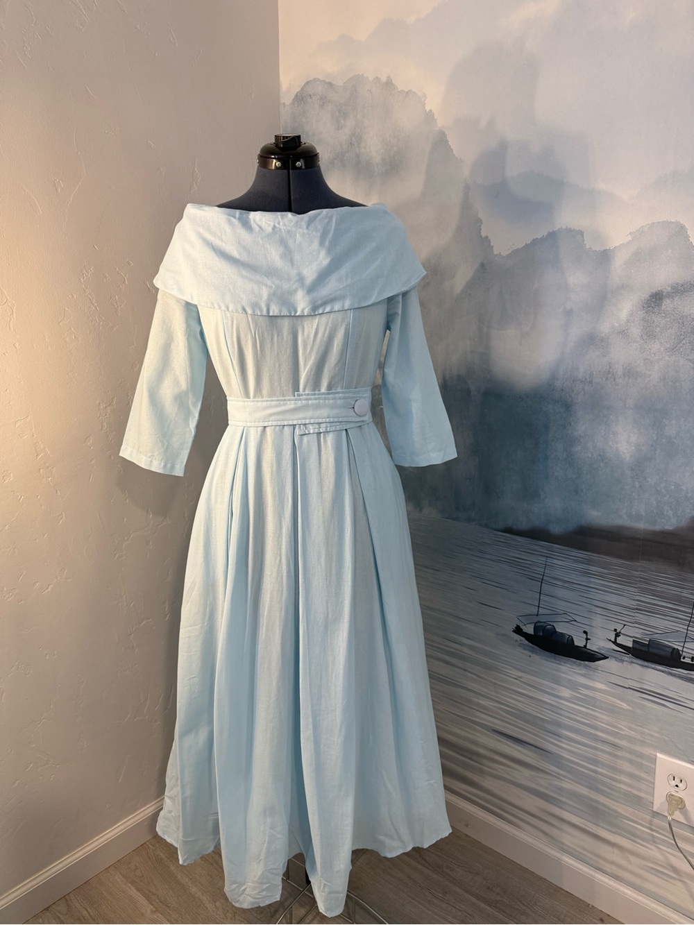 Off-Shoulder Light Blue Midi Dress with Belted Waist #197 - Picture 5 of 14